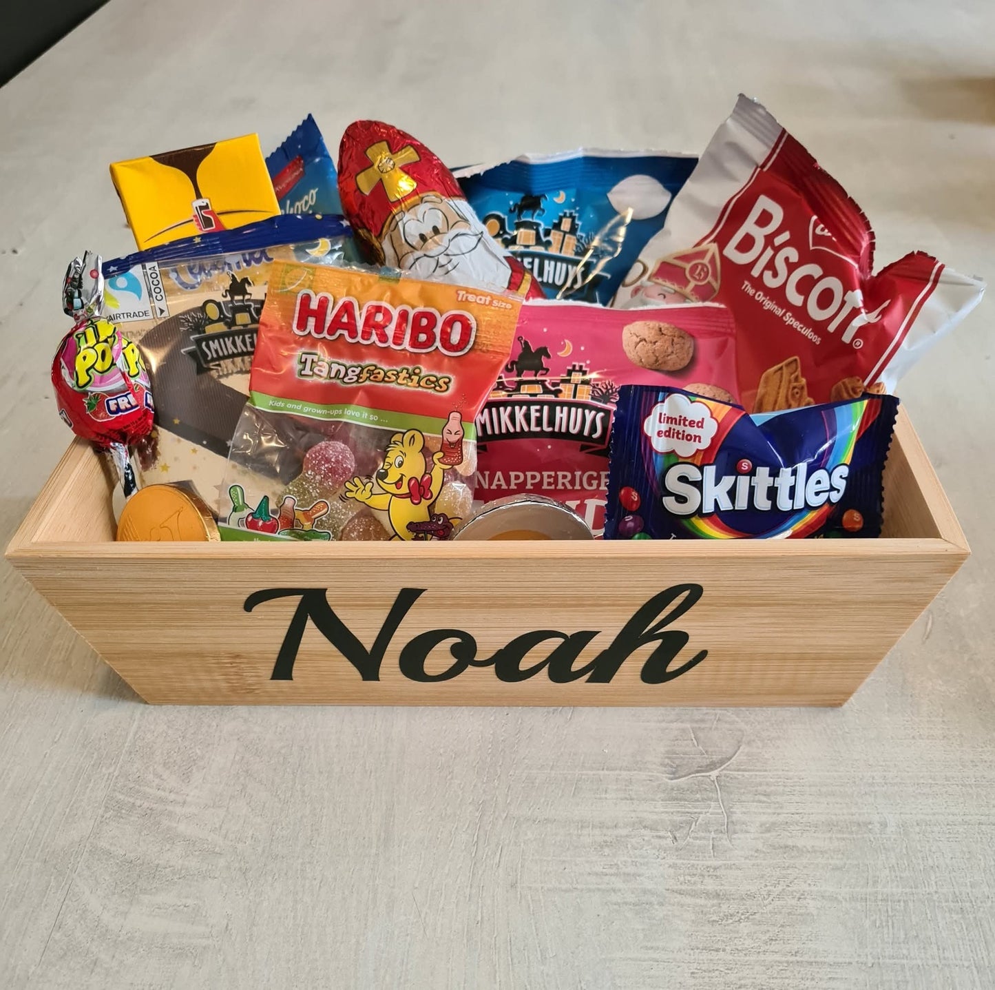 Personalized Bamboo box filled with Sinterklaas sweets